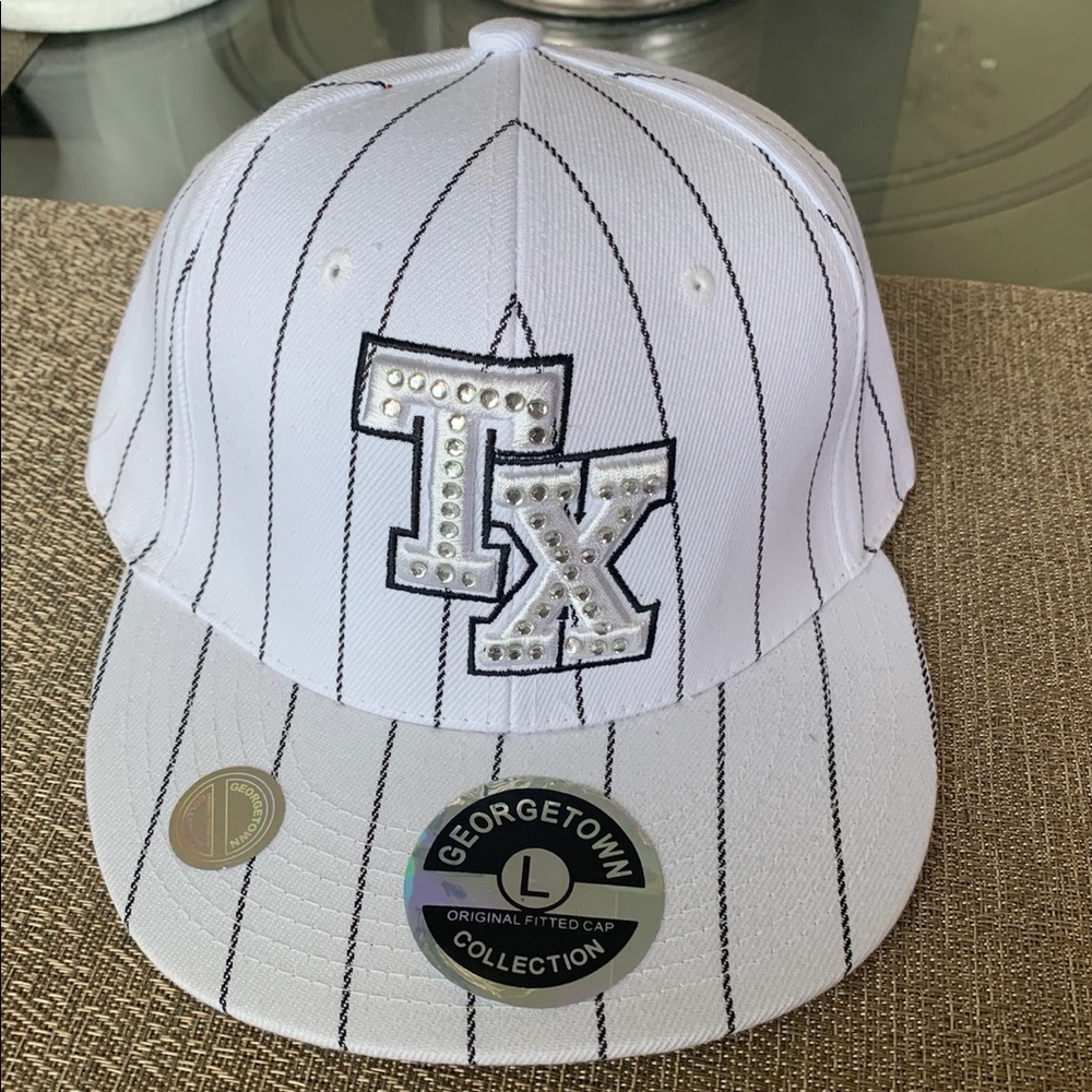 White Baseball Cap with Pinstripes and Embroidered Logo